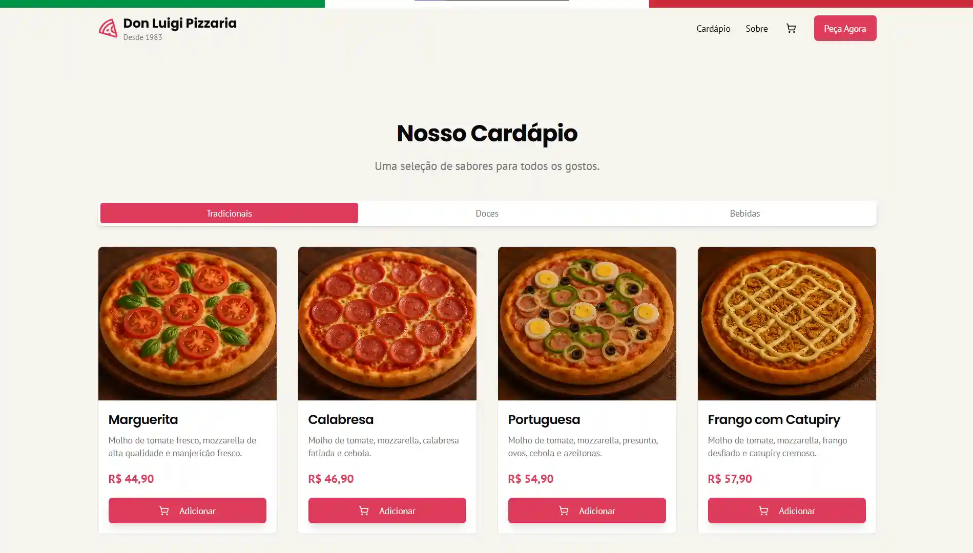 Exemplo de site de pizzaria